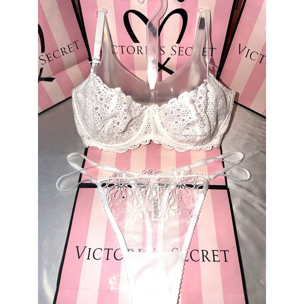 Victoria's Secret Bra 34DD Large Panty Dream Angels White Lace